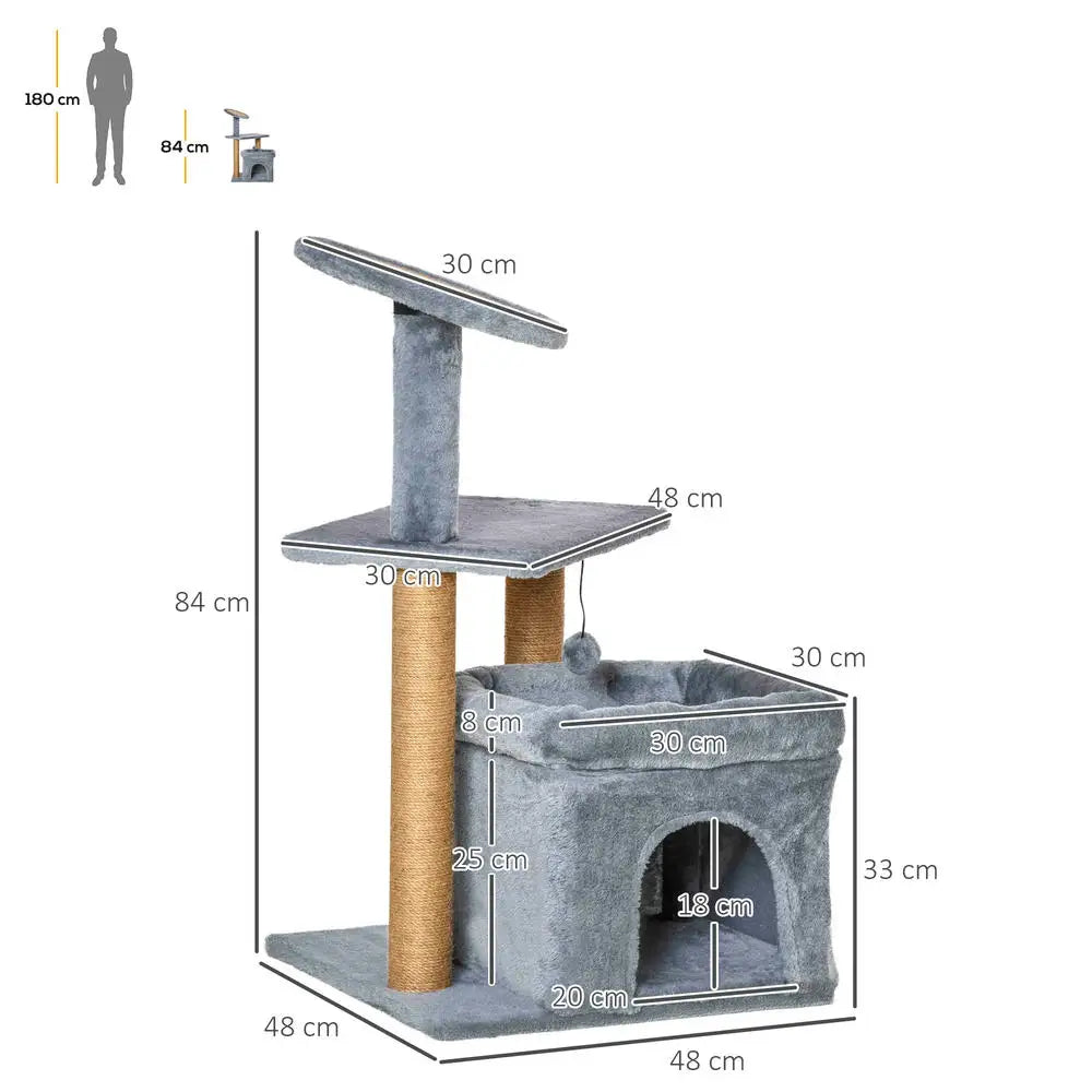 Árbol Rascador Multinivel para Gatos - Torre de Actividades con Postes de Yute, Cueva Oculta, Plataforma Acolchada y Juguetes en Tonos Neutros