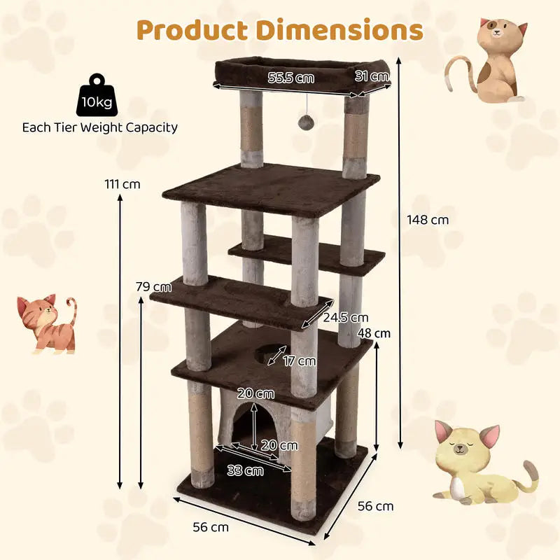 Árbol Rascador Multinivel para Gatos de 147 cm (58 Pulgadas) - Torre de Juegos con Casita Suspendida, Cama Acolchada y Postes de Sisal en Color Marrón