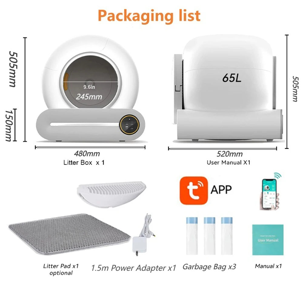 Arenero Automático Inteligente Autolimpiable de 65 Litros - Baño Cerrado para Gatos con Control por App Móvil, Estera y Bolsas Desechables