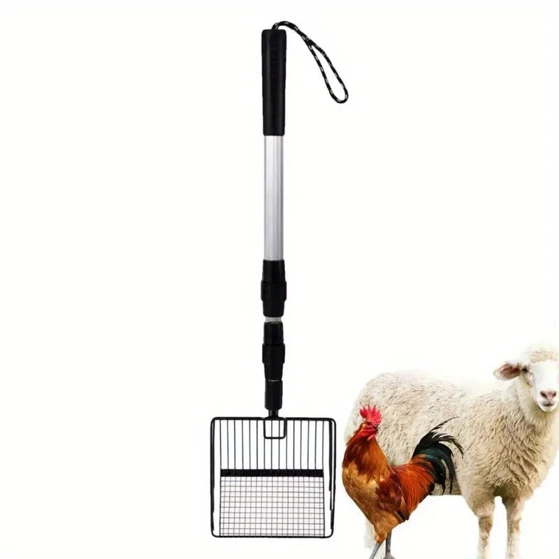 Rastrillo y Pala Cernidora Extensible para Gallinero y Arena de Gatos – Limpiador Telescópico de Estiércol para Aves y Mascotas