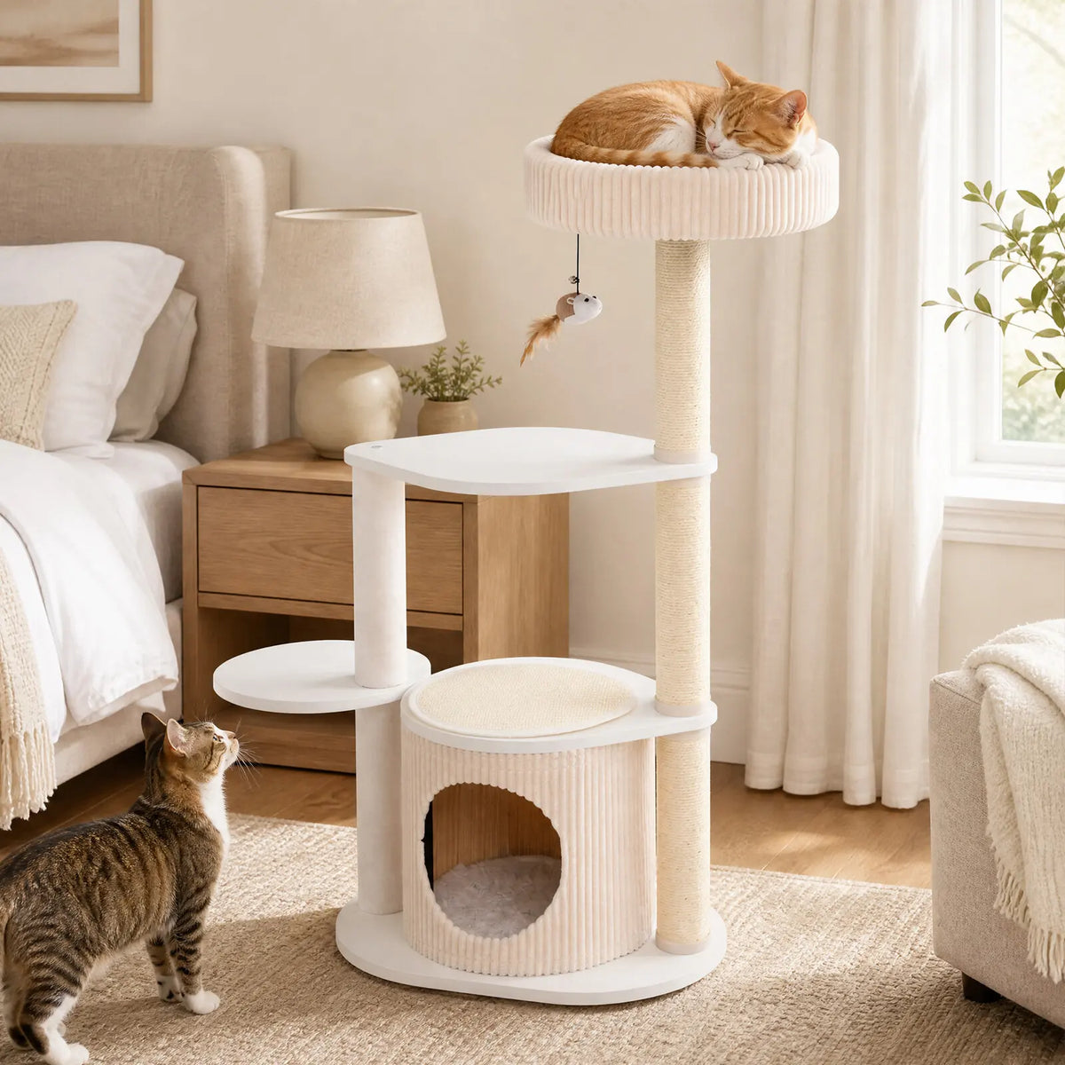 Árbol Rascador Multinivel de 105 cm para Gatos - Torre de Cuatro Niveles con Casita de Peluche, Cama Superior y Postes de Sisal en Color Blanco
