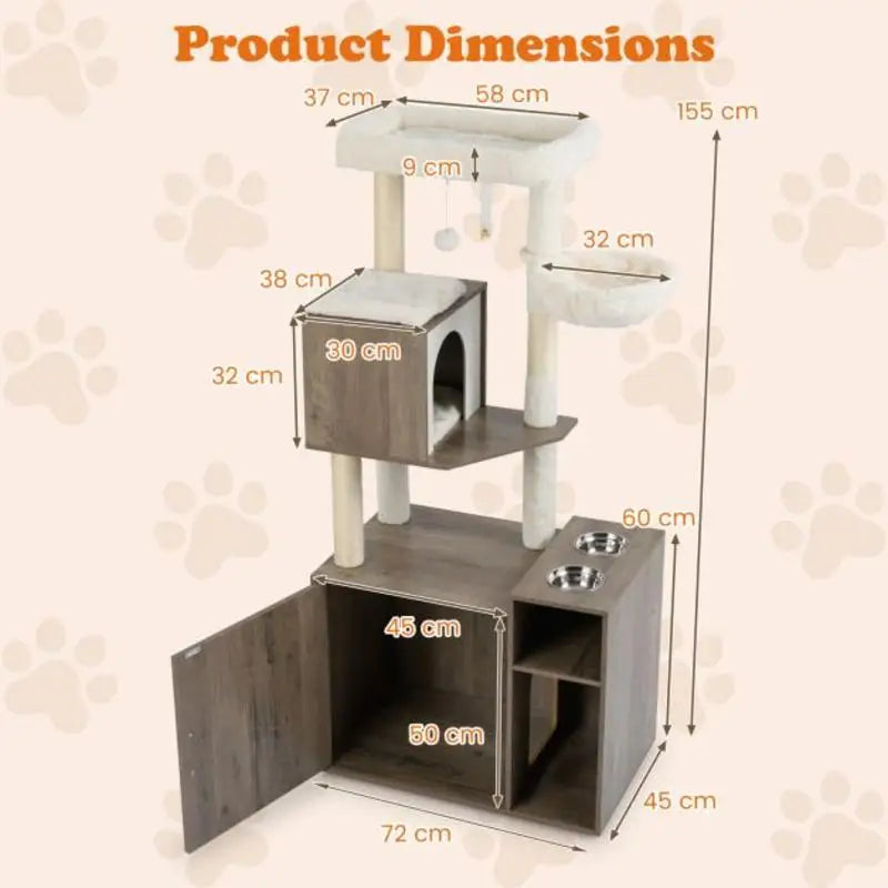 Mueble Arenero Cerrado para Gatos con Torre de Escalada, Rascador de Sisal, Estera y Pelota Colgante - Centro de Actividades y Baño Discreto (Color Gris)