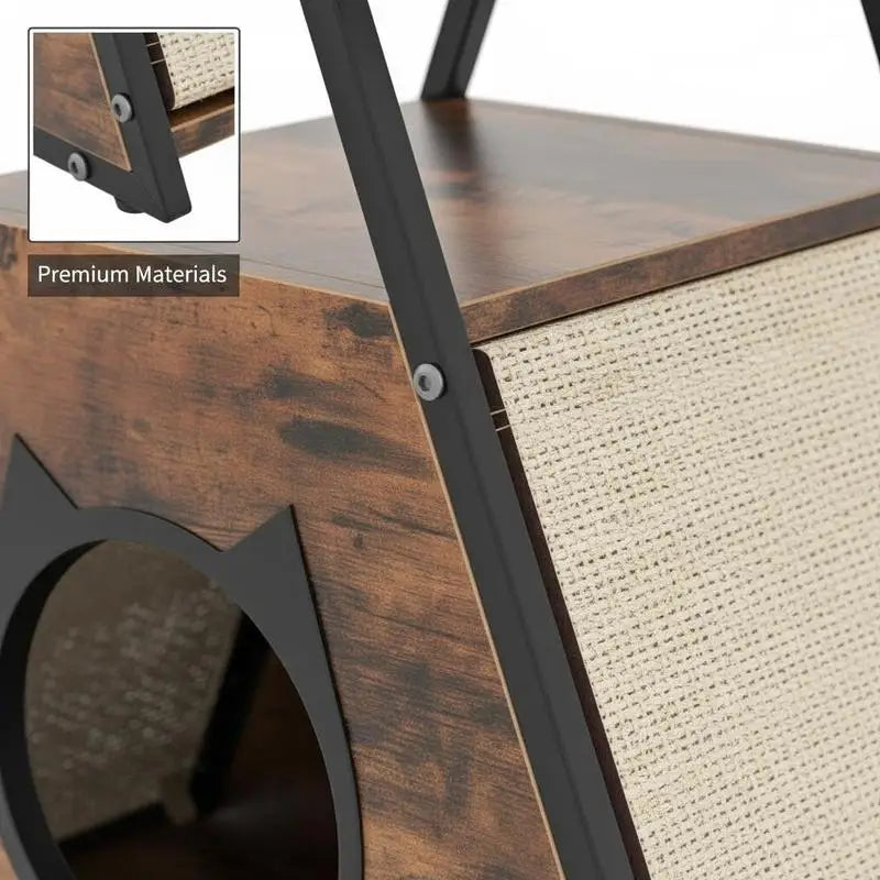 Mueble 2 en 1 para Gatos con Cueva Oculta y Mesita Auxiliar - Estantes Abiertos, Postes de Sisal y Estructura Metálica Robusta (Salón y Dormitorio)