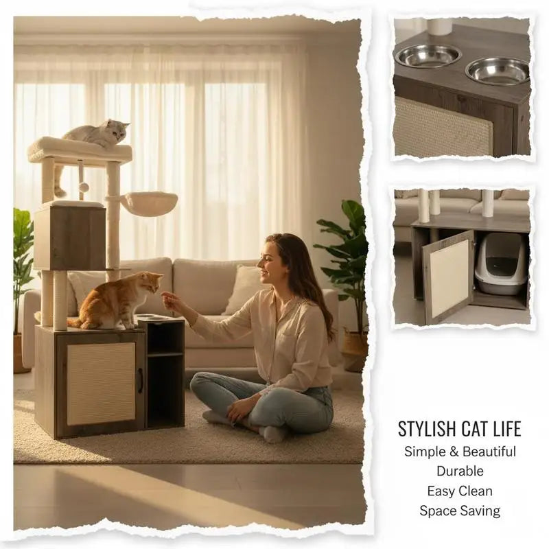 Mueble Arenero Cerrado para Gatos con Torre de Escalada, Rascador de Sisal, Estera y Pelota Colgante - Centro de Actividades y Baño Discreto (Color Gris)