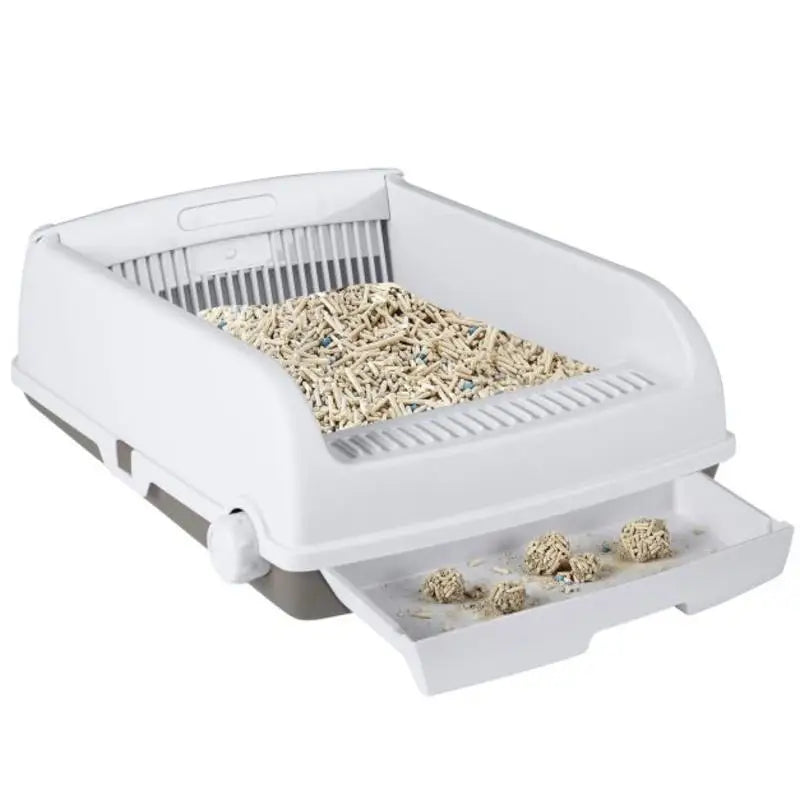 Arenero Semi-Automático para Gatos con Tapa Abierta y Bandeja Deslizante - Baño Higiénico Antisalpicaduras con Pala Incluida (Color Blanco)