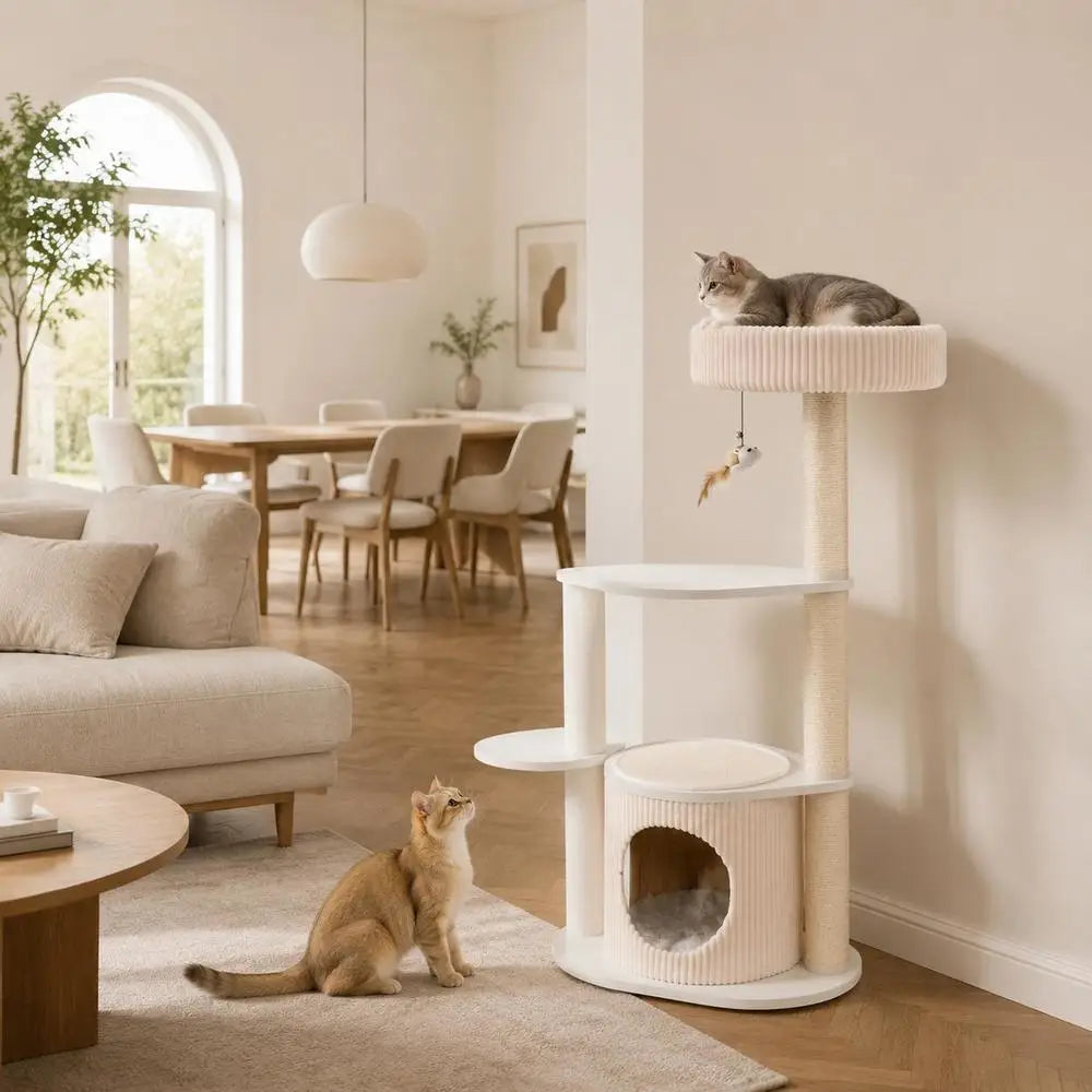 Árbol Rascador Multinivel de 105 cm para Gatos - Torre de Cuatro Niveles con Casita de Peluche, Cama Superior y Postes de Sisal en Color Blanco