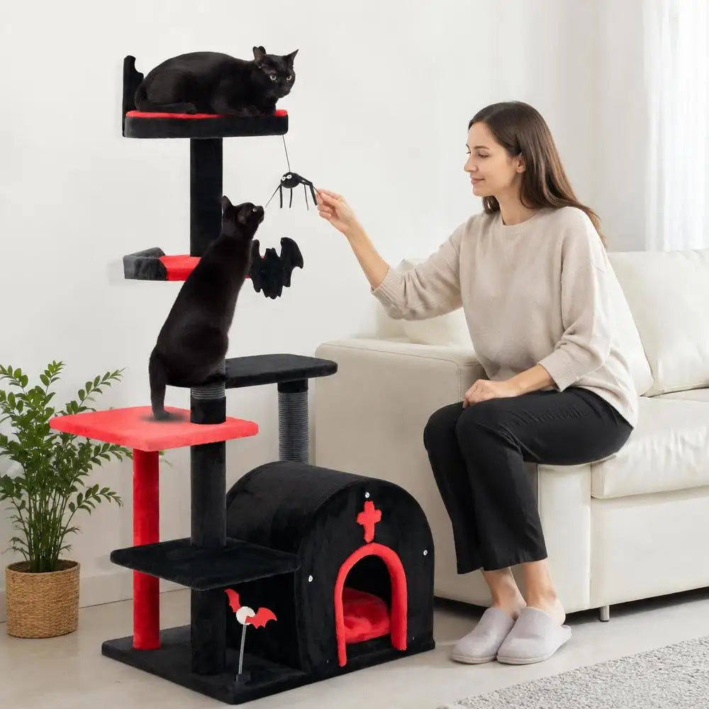 Árbol Rascador Gótico para Gatos de 135x60x45 cm - Torre de Actividades con Tejido de Felpa, Mirador, Cueva Escondite y Poste Rascador