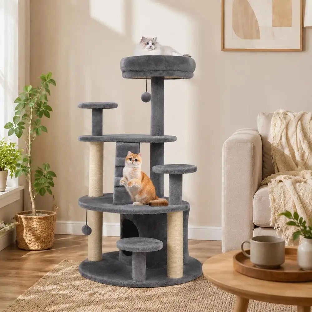 Árbol Rascador para Gatos - Torre Multiusos con Cueva de Peluche, Postes de Sisal y Escalera de Escalada