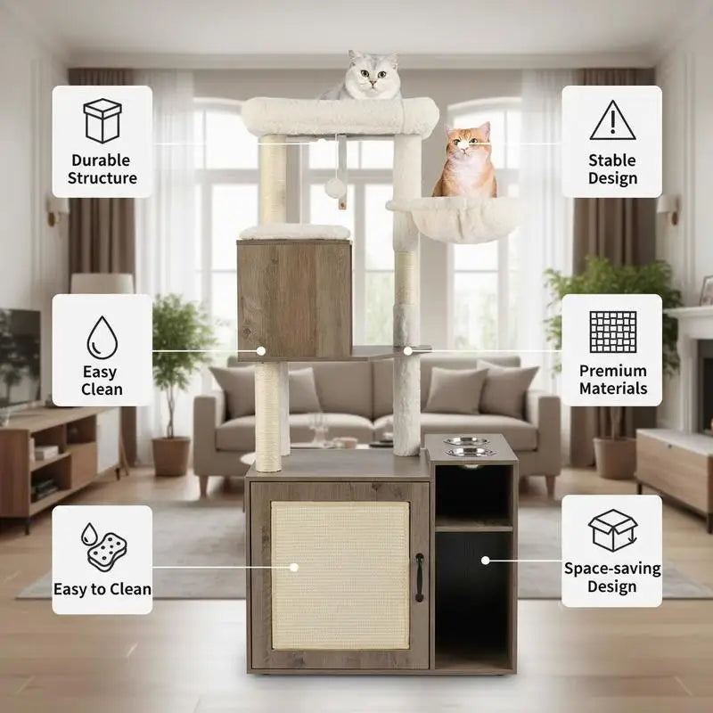 Mueble Arenero Cerrado para Gatos con Torre de Escalada, Rascador de Sisal, Estera y Pelota Colgante - Centro de Actividades y Baño Discreto (Color Gris)