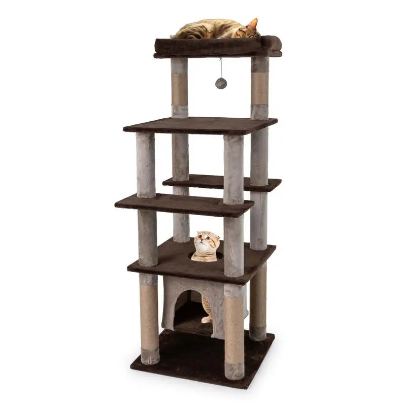 Árbol Rascador Multinivel para Gatos de 147 cm (58 Pulgadas) - Torre de Juegos con Casita Suspendida, Cama Acolchada y Postes de Sisal en Color Marrón