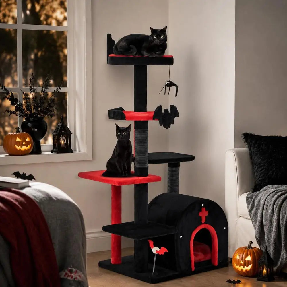 Árbol Rascador Gótico para Gatos de 135x60x45 cm - Torre de Actividades con Tejido de Felpa, Mirador, Cueva Escondite y Poste Rascador