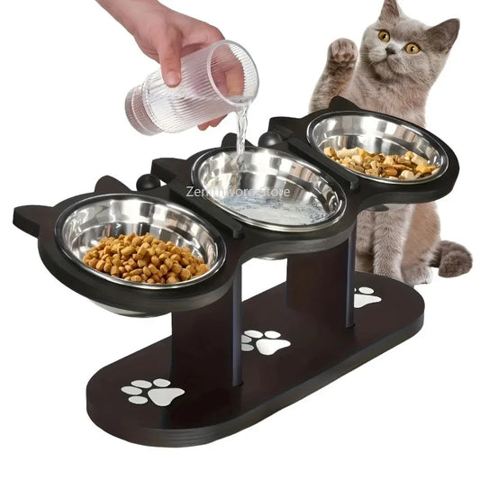 Comedero Elevado para Gatos con Soporte de Madera Negra y Cuencos de Acero Inoxidable - Diseño Inclinado 15° para Comida y Agua