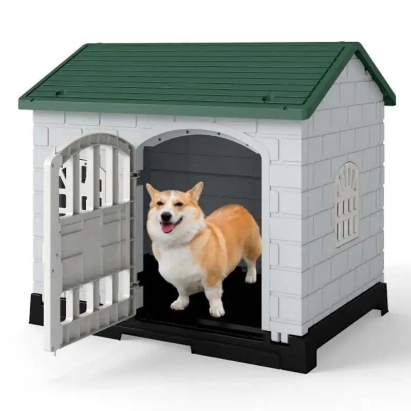 Caseta de Exterior para Perros en Color Verde con Puerta, 3 Ventanas y Suelo Desmontable - Refugio Impermeable y Robusto para Jardín