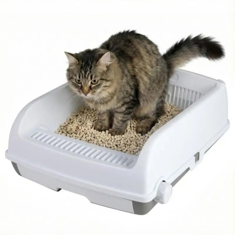Arenero Semi-Automático para Gatos con Tapa Abierta y Bandeja Deslizante - Baño Higiénico Antisalpicaduras con Pala Incluida (Color Blanco)