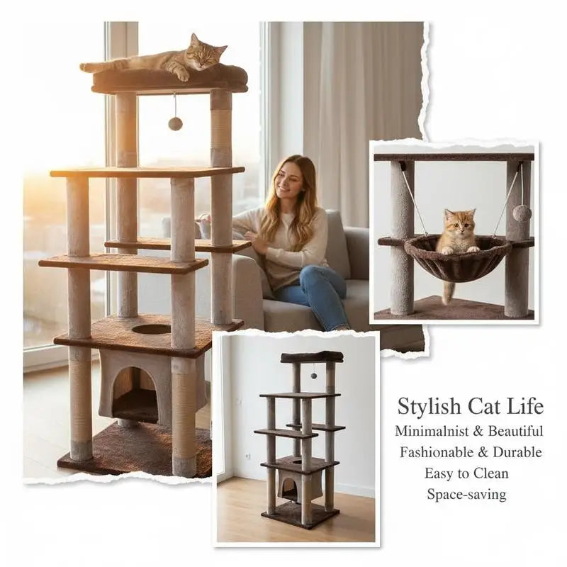 Árbol Rascador Multinivel para Gatos de 147 cm (58 Pulgadas) - Torre de Juegos con Casita Suspendida, Cama Acolchada y Postes de Sisal en Color Marrón