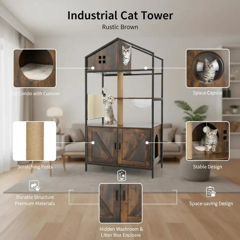 Árbol Rascador con Mueble Arenero Oculto para Gatos - Torre de Actividades Multinivel Estilo Industrial con Casa y Nido en Marrón Rústico