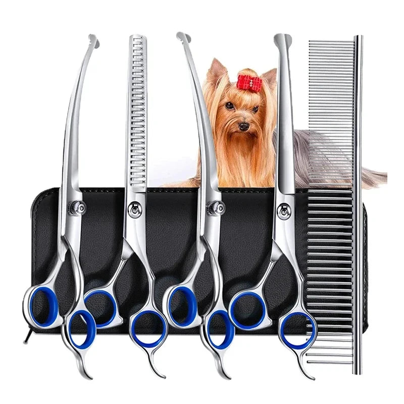 Kit de Tijeras de Peluquería Canina y Felina 5 en 1 – Juego de Tijeras de Acero Inoxidable con Punta Redonda de Seguridad para Perros y Gatos
