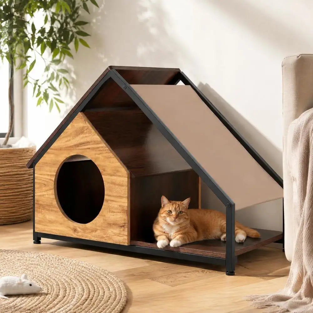 Caseta de Interior para Gatos 84x43x58.5 cm con Porche y Percha - Estructura de Metal, Techo de PVC Desmontable y Acabado en Madera para Salón