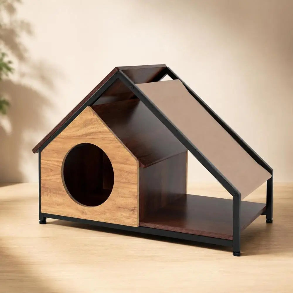 Caseta de Interior para Gatos 84x43x58.5 cm con Porche y Percha - Estructura de Metal, Techo de PVC Desmontable y Acabado en Madera para Salón