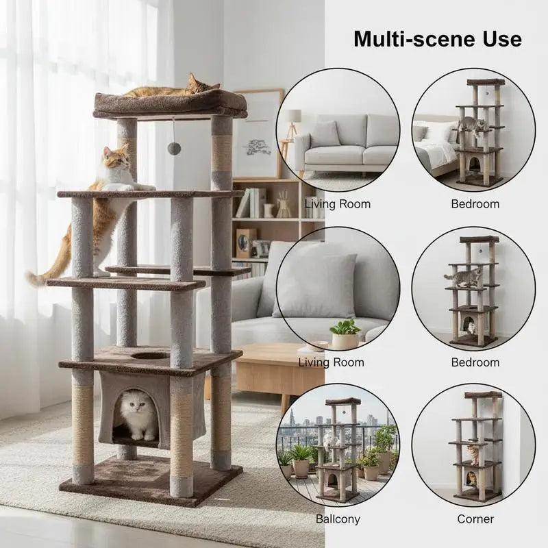 Árbol Rascador Multinivel para Gatos de 147 cm (58 Pulgadas) - Torre de Juegos con Casita Suspendida, Cama Acolchada y Postes de Sisal en Color Marrón