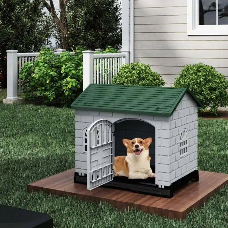 Caseta de Exterior para Perros en Color Verde con Puerta, 3 Ventanas y Suelo Desmontable - Refugio Impermeable y Robusto para Jardín