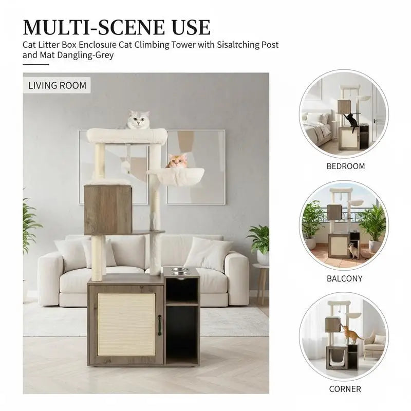 Mueble Arenero Cerrado para Gatos con Torre de Escalada, Rascador de Sisal, Estera y Pelota Colgante - Centro de Actividades y Baño Discreto (Color Gris)