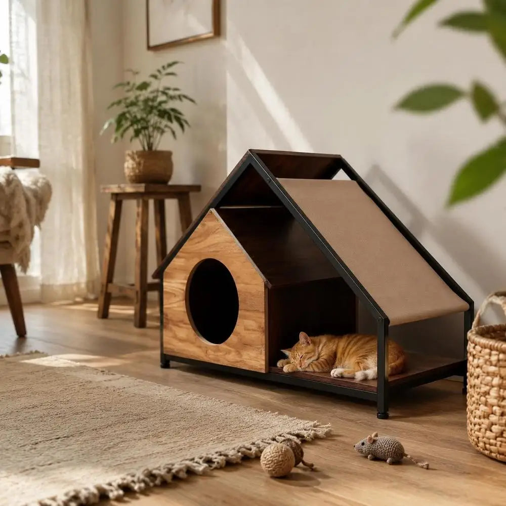 Caseta de Interior para Gatos 84x43x58.5 cm con Porche y Percha - Estructura de Metal, Techo de PVC Desmontable y Acabado en Madera para Salón