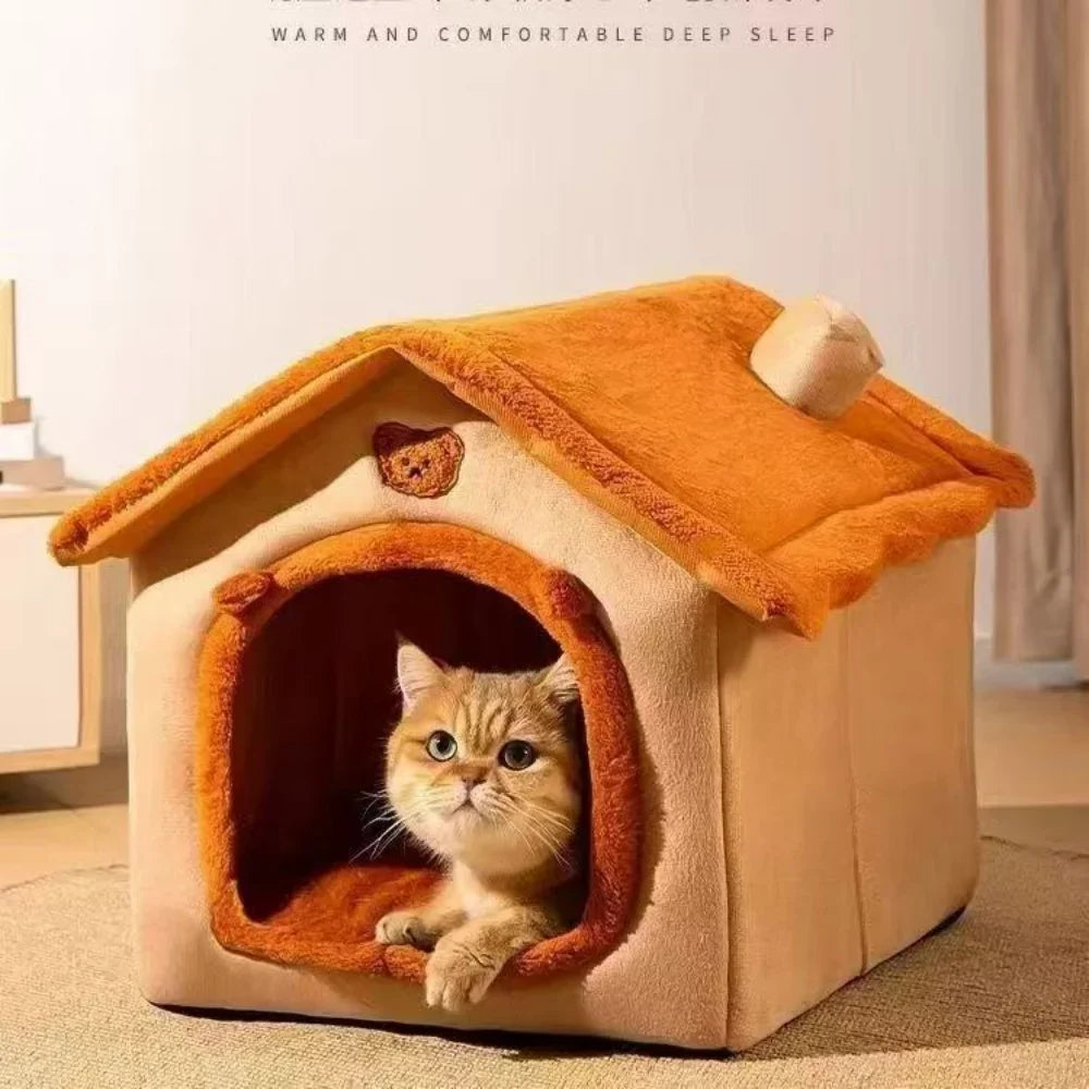 Cama Cueva Estilo Casita para Perros Pequeños y Gatos - Refugio Acolchado de Invierno, Cálido para Todo el Año con Cojín Extraíble y Lavable