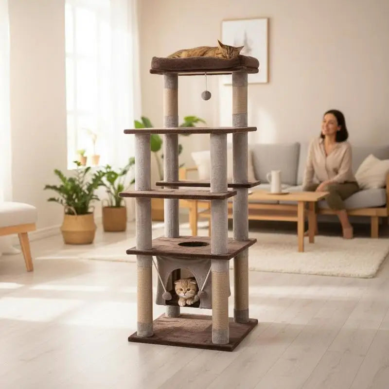 Árbol Rascador Multinivel para Gatos de 147 cm (58 Pulgadas) - Torre de Juegos con Casita Suspendida, Cama Acolchada y Postes de Sisal en Color Marrón