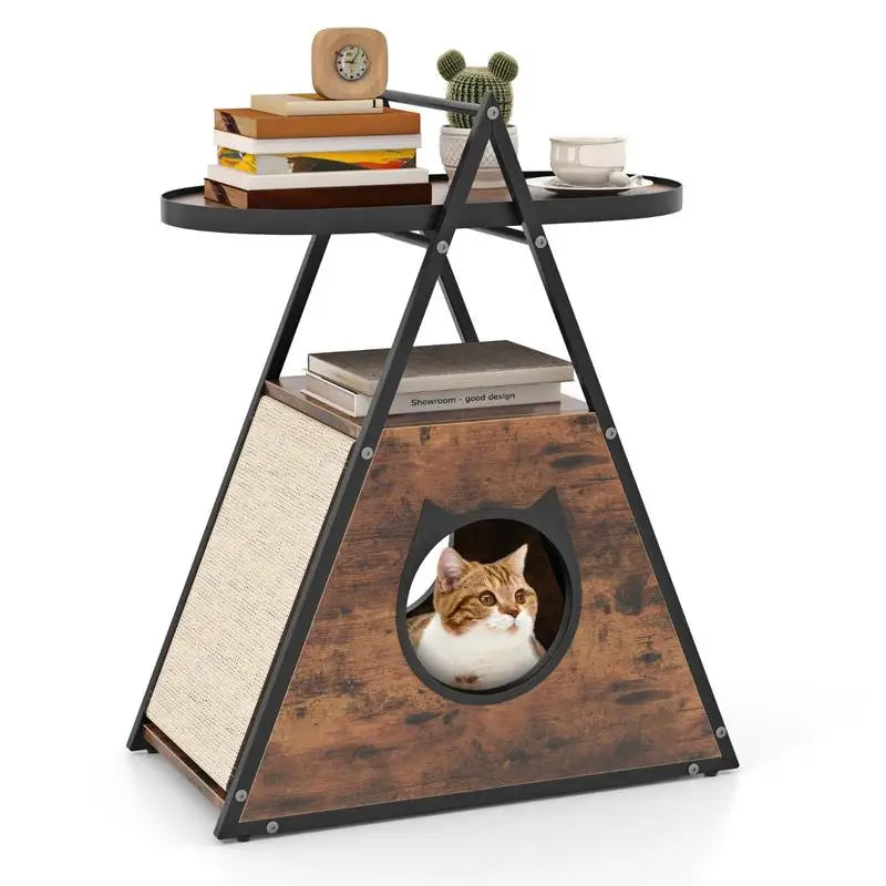 Mueble 2 en 1 para Gatos con Cueva Oculta y Mesita Auxiliar - Estantes Abiertos, Postes de Sisal y Estructura Metálica Robusta (Salón y Dormitorio)