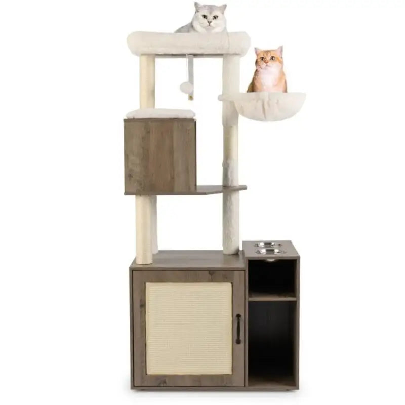 Mueble Arenero Cerrado para Gatos con Torre de Escalada, Rascador de Sisal, Estera y Pelota Colgante - Centro de Actividades y Baño Discreto (Color Gris)