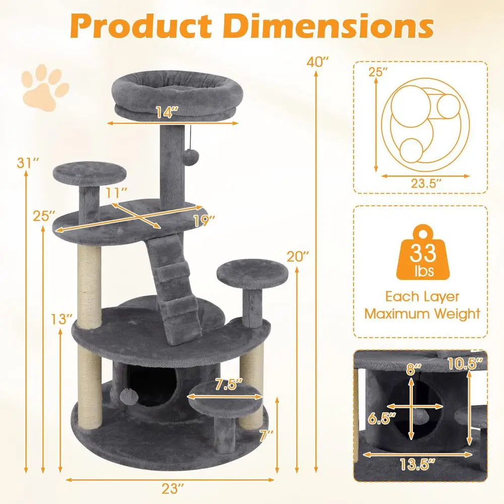 Árbol Rascador para Gatos - Torre Multiusos con Cueva de Peluche, Postes de Sisal y Escalera de Escalada