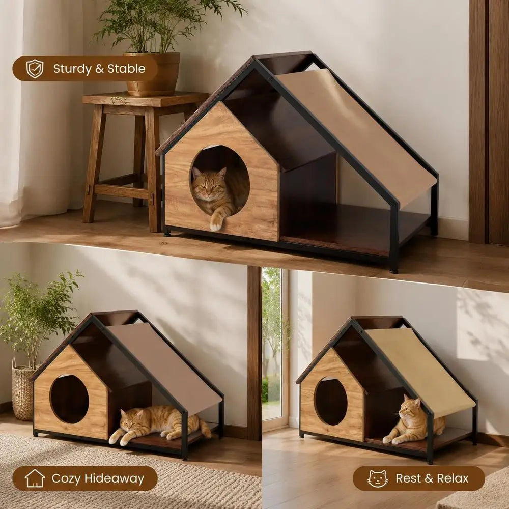 Caseta de Interior para Gatos 84x43x58.5 cm con Porche y Percha - Estructura de Metal, Techo de PVC Desmontable y Acabado en Madera para Salón
