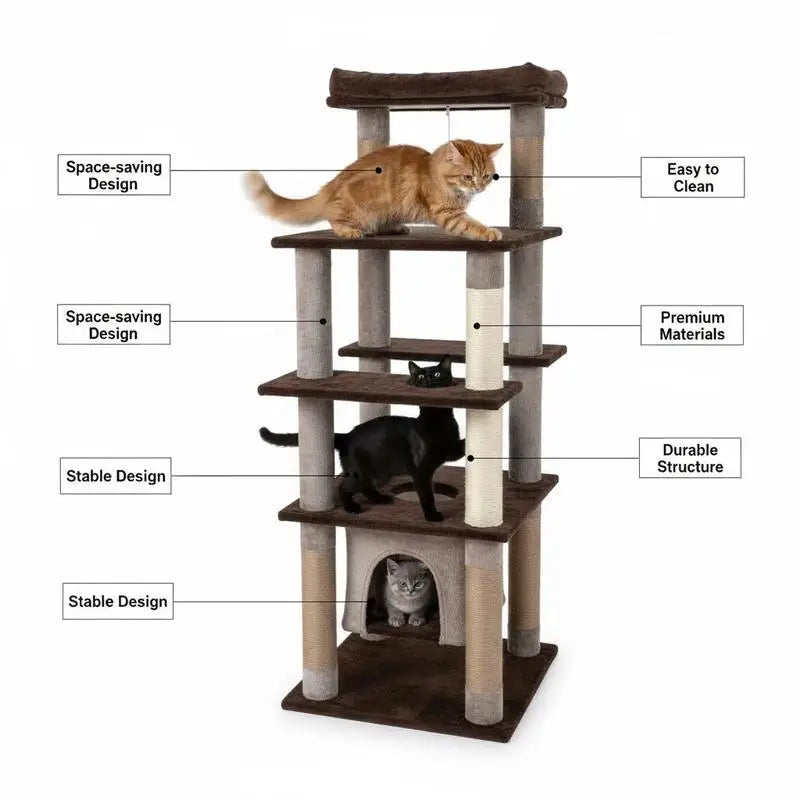 Árbol Rascador Multinivel para Gatos de 147 cm (58 Pulgadas) - Torre de Juegos con Casita Suspendida, Cama Acolchada y Postes de Sisal en Color Marrón
