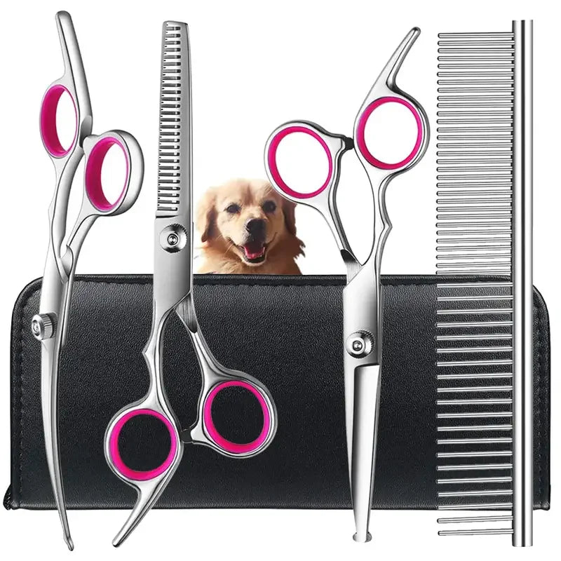 Set de 4 Tijeras Profesionales de Grooming para Perros y Gatos – Tijeras de Acero Inoxidable Ambidiestras con Punta Redonda de Seguridad para Corte de Precisión