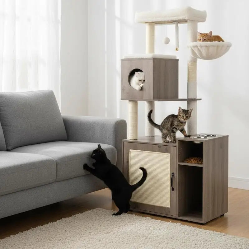 Mueble Arenero Cerrado para Gatos con Torre de Escalada, Rascador de Sisal, Estera y Pelota Colgante - Centro de Actividades y Baño Discreto (Color Gris)