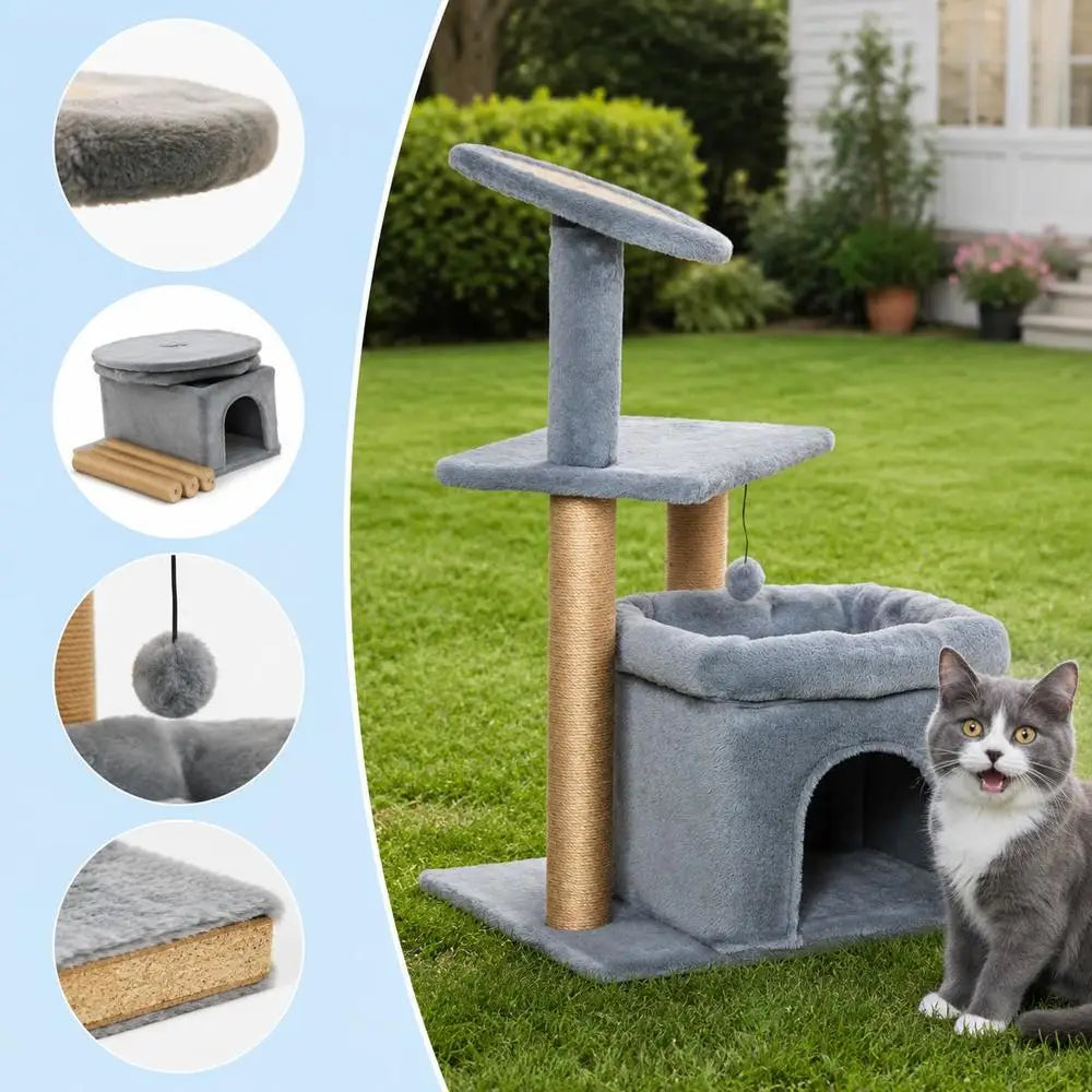 Árbol Rascador Multinivel para Gatos - Torre de Actividades con Postes de Yute, Cueva Oculta, Plataforma Acolchada y Juguetes en Tonos Neutros