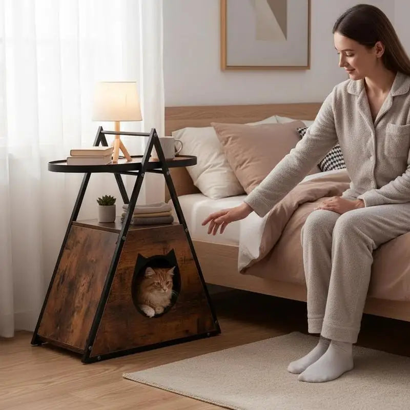 Mueble 2 en 1 para Gatos con Cueva Oculta y Mesita Auxiliar - Estantes Abiertos, Postes de Sisal y Estructura Metálica Robusta (Salón y Dormitorio)