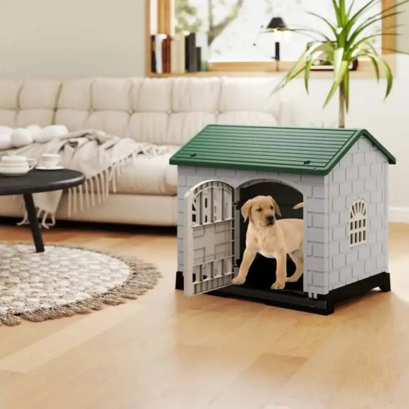 Caseta de Exterior para Perros en Color Verde con Puerta, 3 Ventanas y Suelo Desmontable - Refugio Impermeable y Robusto para Jardín