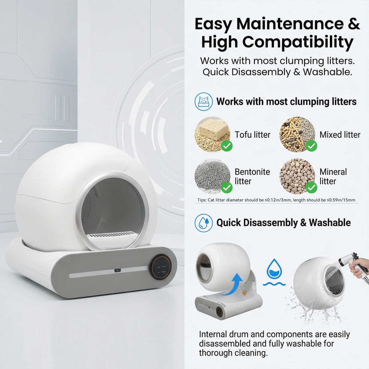 Arenero Automático Inteligente Autolimpiable de 65 Litros - Baño Cerrado para Gatos con Control por App Móvil, Estera y Bolsas Desechables