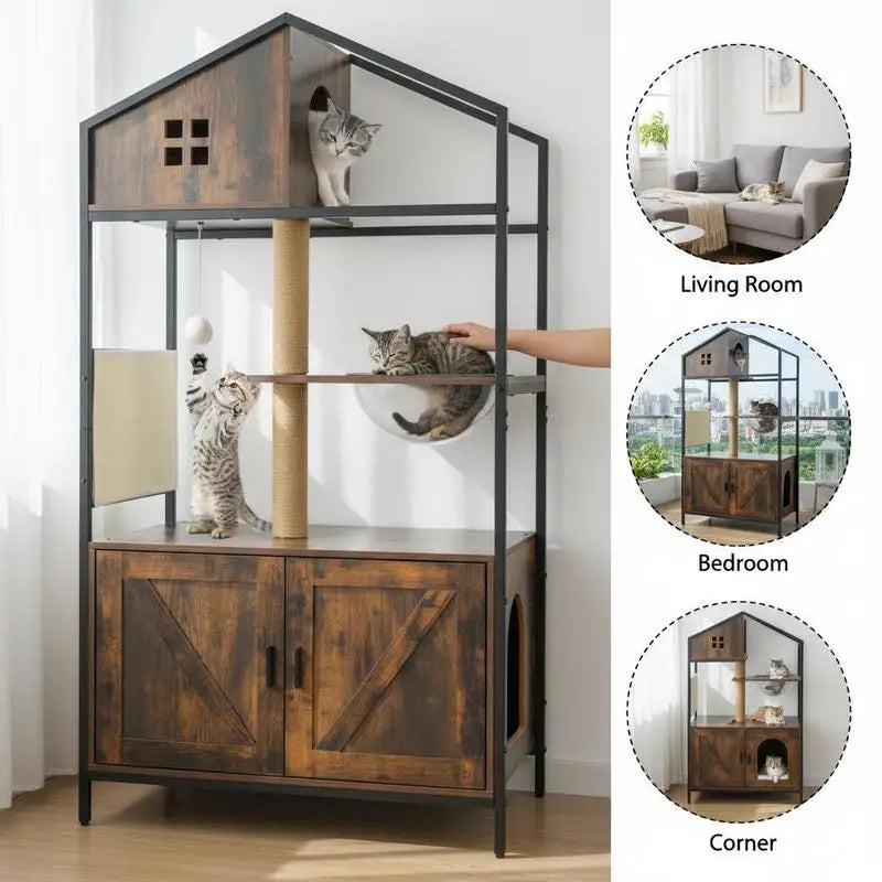 Árbol Rascador con Mueble Arenero Oculto para Gatos - Torre de Actividades Multinivel Estilo Industrial con Casa y Nido en Marrón Rústico
