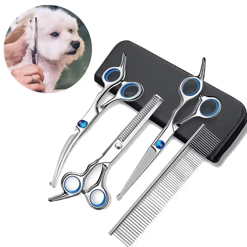 Set de 4 Tijeras Profesionales de Grooming para Perros y Gatos – Tijeras de Acero Inoxidable Ambidiestras con Punta Redonda de Seguridad para Corte de Precisión