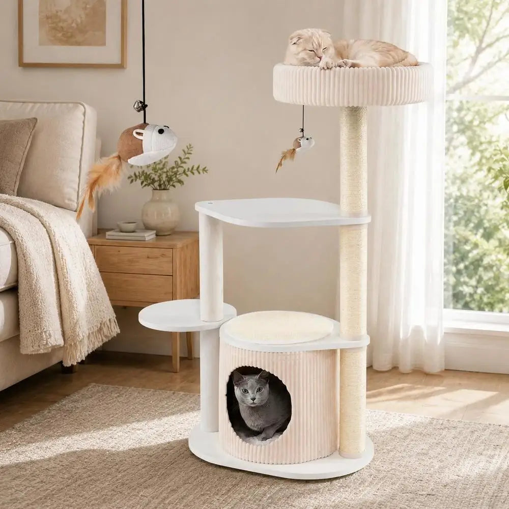 Árbol Rascador Multinivel de 105 cm para Gatos - Torre de Cuatro Niveles con Casita de Peluche, Cama Superior y Postes de Sisal en Color Blanco