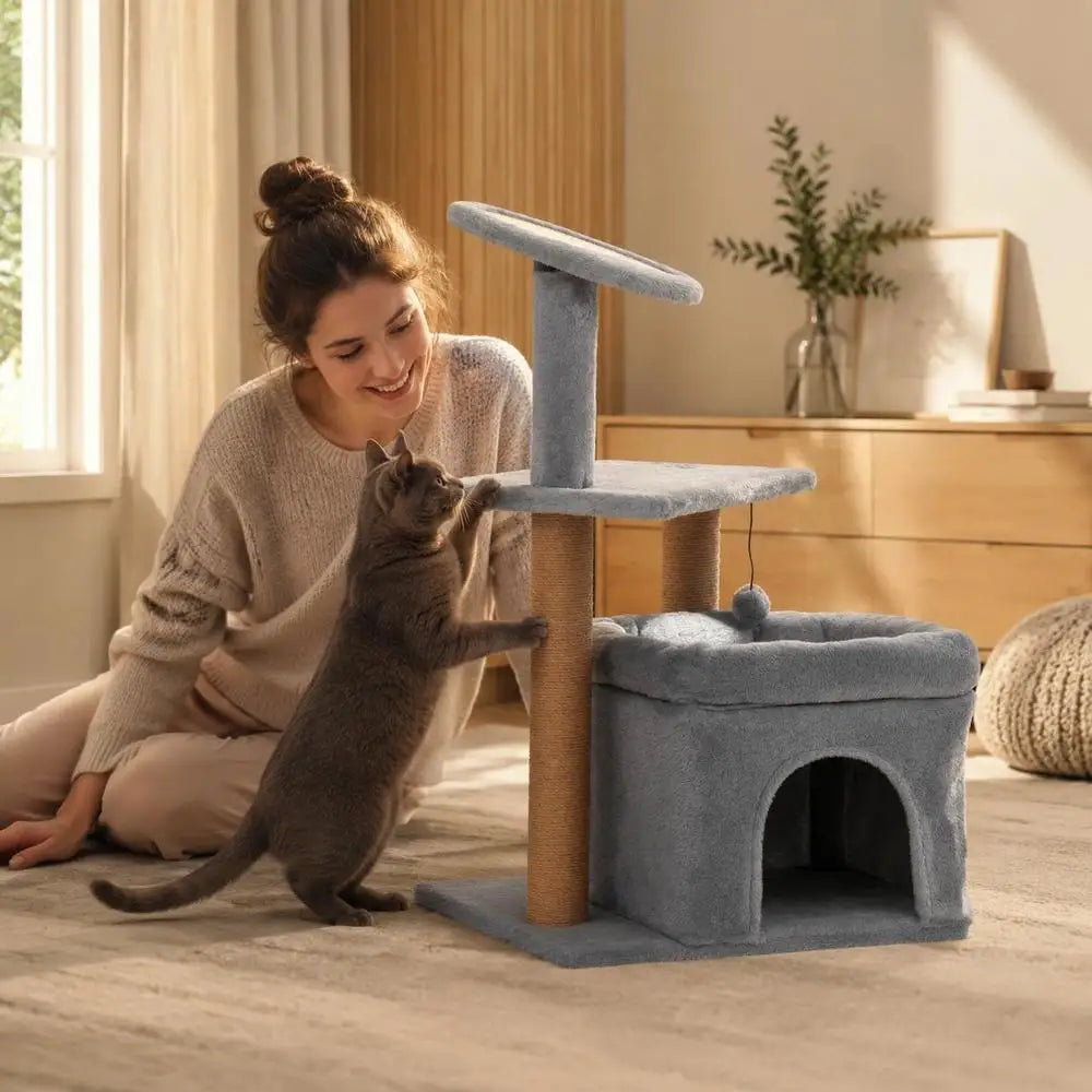 Árbol Rascador Multinivel para Gatos - Torre de Actividades con Postes de Yute, Cueva Oculta, Plataforma Acolchada y Juguetes en Tonos Neutros