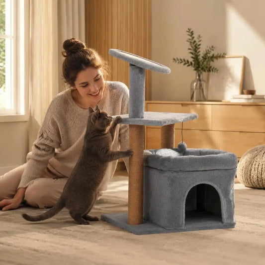Árbol Rascador Multinivel para Gatos - Torre de Actividades con Postes de Yute, Cueva Oculta, Plataforma Acolchada y Juguetes en Tonos Neutros