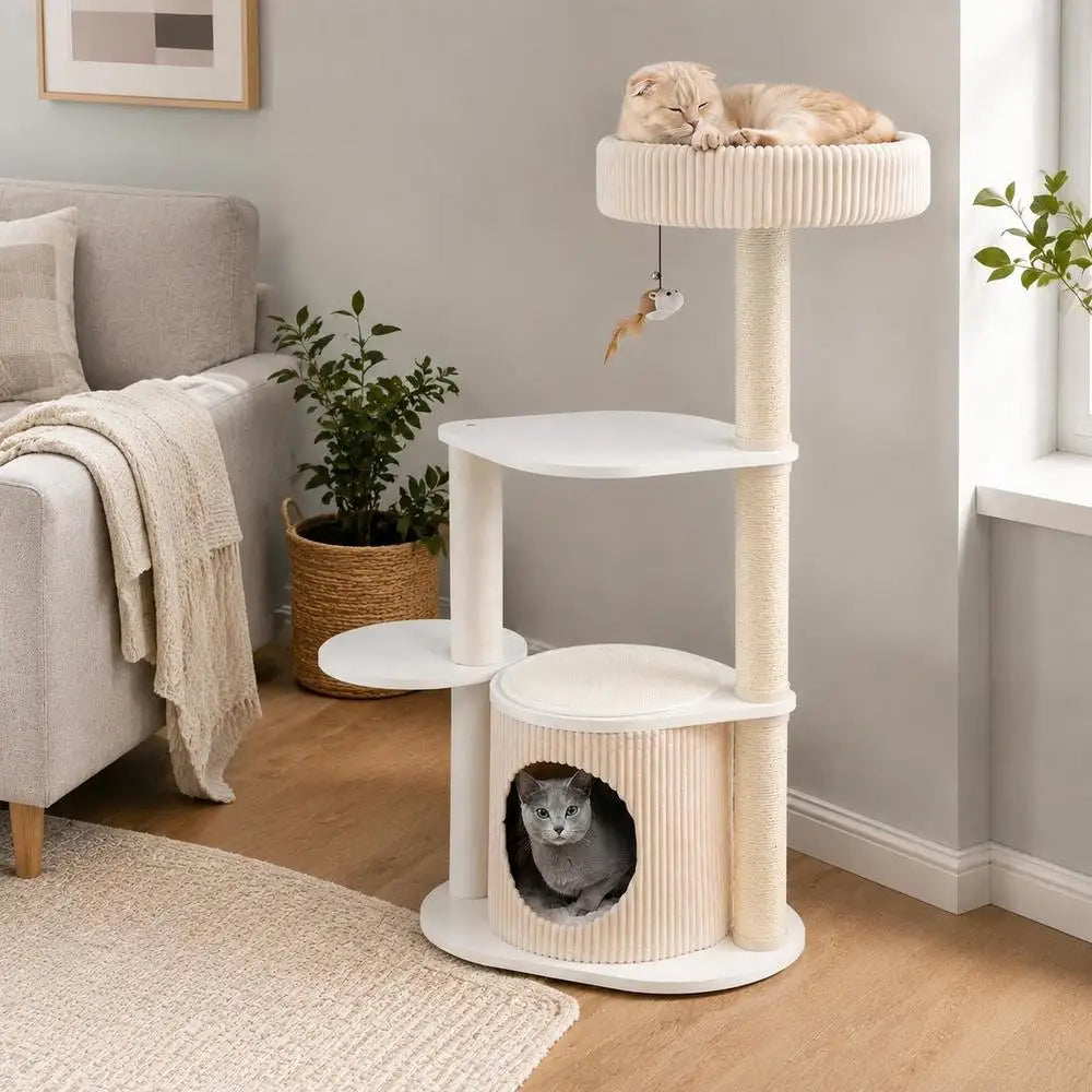 Árbol Rascador Multinivel de 105 cm para Gatos - Torre de Cuatro Niveles con Casita de Peluche, Cama Superior y Postes de Sisal en Color Blanco