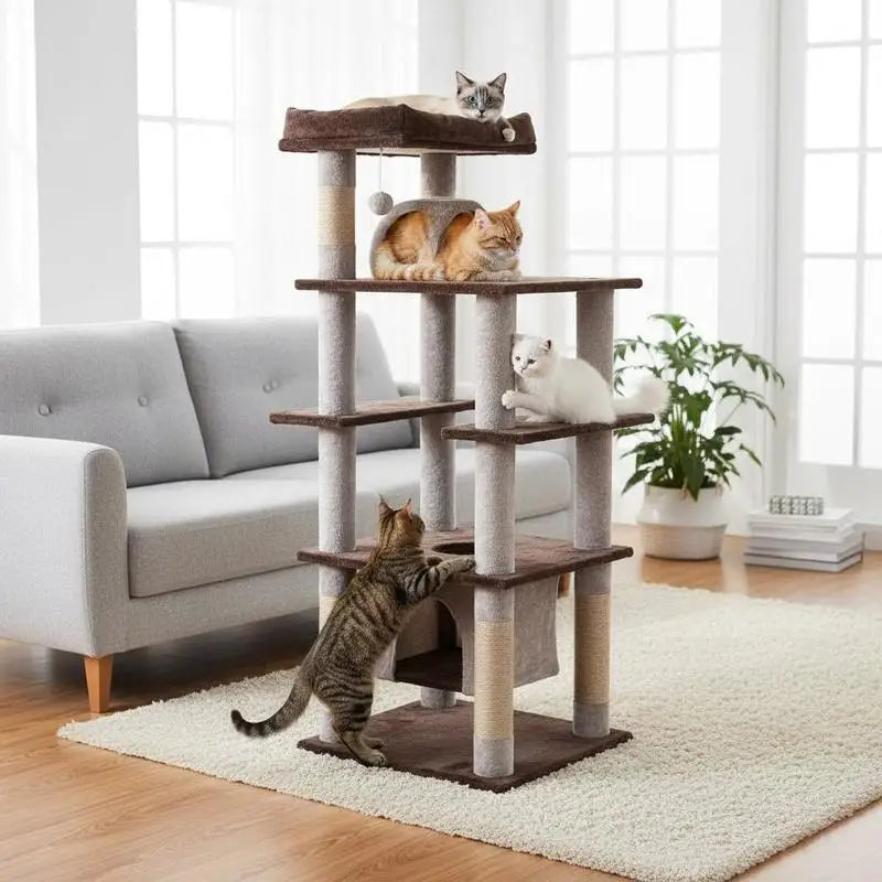 Árbol Rascador Multinivel para Gatos de 147 cm (58 Pulgadas) - Torre de Juegos con Casita Suspendida, Cama Acolchada y Postes de Sisal en Color Marrón