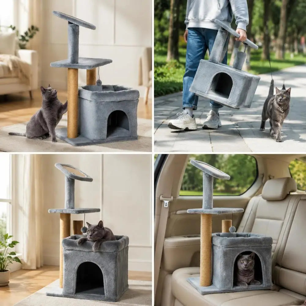 Árbol Rascador Multinivel para Gatos - Torre de Actividades con Postes de Yute, Cueva Oculta, Plataforma Acolchada y Juguetes en Tonos Neutros