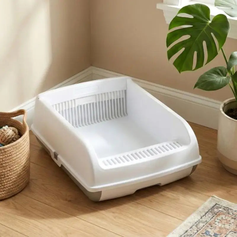 Arenero Semi-Automático para Gatos con Tapa Abierta y Bandeja Deslizante - Baño Higiénico Antisalpicaduras con Pala Incluida (Color Blanco)
