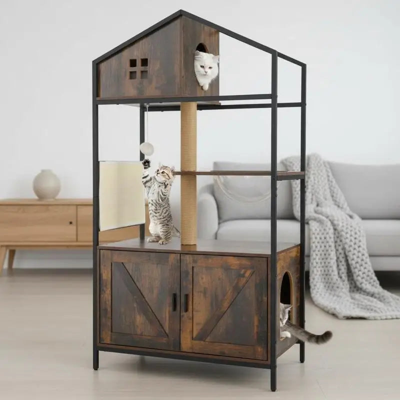 Árbol Rascador con Mueble Arenero Oculto para Gatos - Torre de Actividades Multinivel Estilo Industrial con Casa y Nido en Marrón Rústico